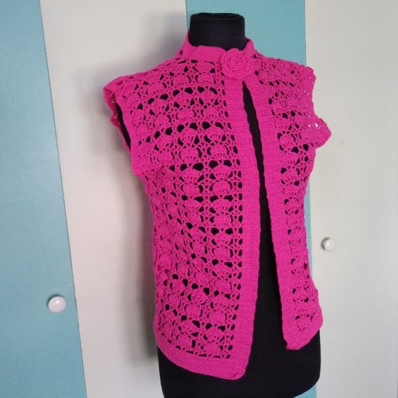 Handmade Crochet Hot Pink Vest w/ Crochet Flower - Picture 5 of 9